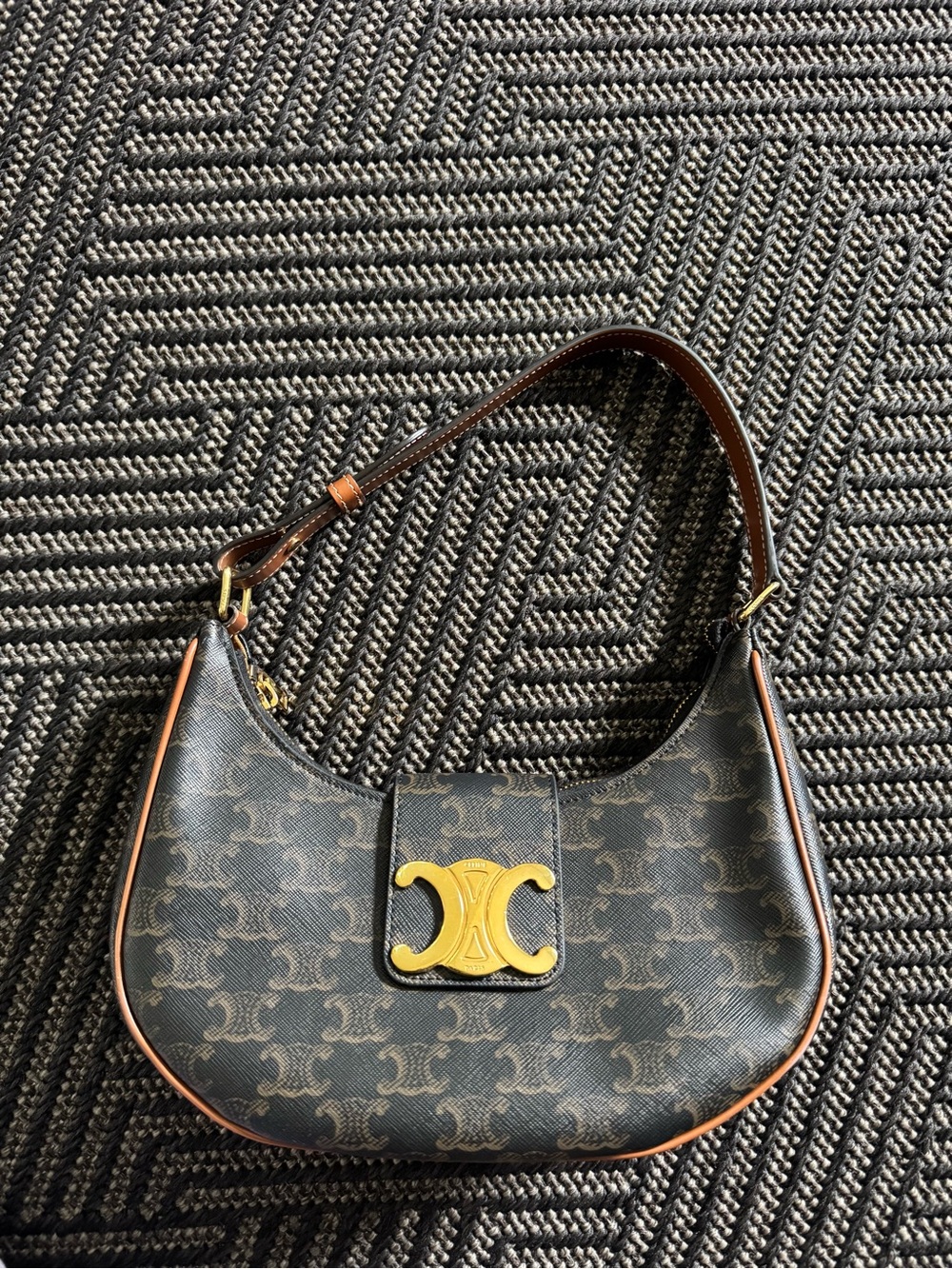 Celine Triomphe Crescent Shoulder Bag in Dark Brown with Gold Hardware